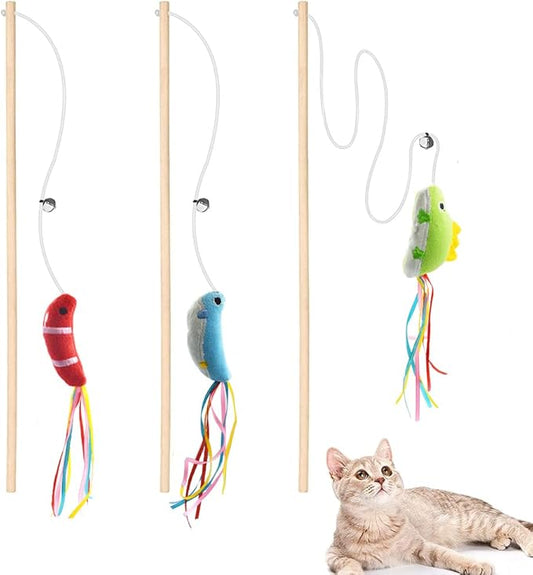 IUHKBH Cat Wands, 3 PCS Wood Cat Teaser Wands with Catnip Interactive Cat Toys for Cat and Kitten