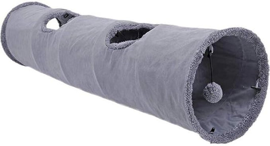 Collapsible Cat Tunnel, Durable Suede Pet Toys Play Tunnel with Ball and Hole, for Cats, Rabbits, Kittens, Puppy and Small Pets (Grey 51x12inch)