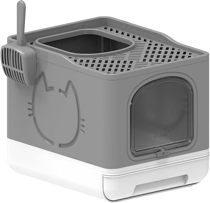All for Paws Foldable Cat Litter Box Mess Proof Enclosed Litter Box for Large Cats Top Entry, Cat Toilet 2 Ways Out with Handy Litter Scoop, Hold Cats Under 20LBS (Grey)