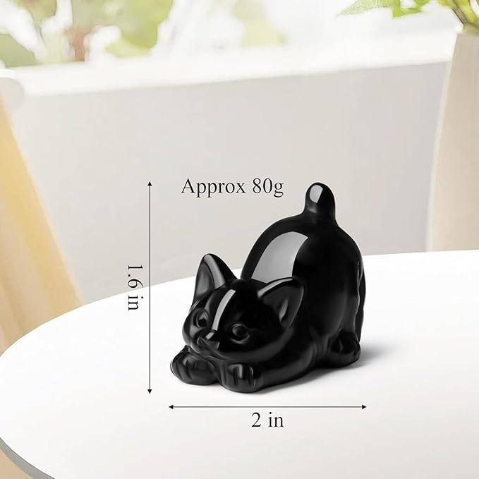 Black Obsidian Cat Statue Crystals and Healing Stones Carved Room Home Decor Figurines for Office Lazy Sculpture Stone Crystal Cute Art Decoration Gemstones Gifts for Cat Lovers Women Teacher