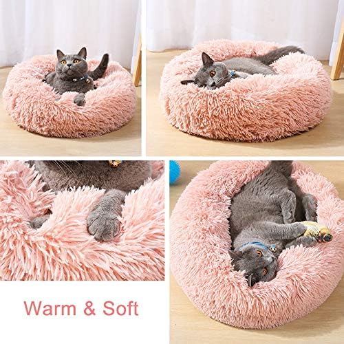 Cat Beds for Indoor Cats - Cat Bed Washable 24 inches, Dog Beds for Small Medium Dogs, Anti Anxiety Round Fluffy Plush Faux Fur Cat Bed, Thick Bottom (Pink, Large)