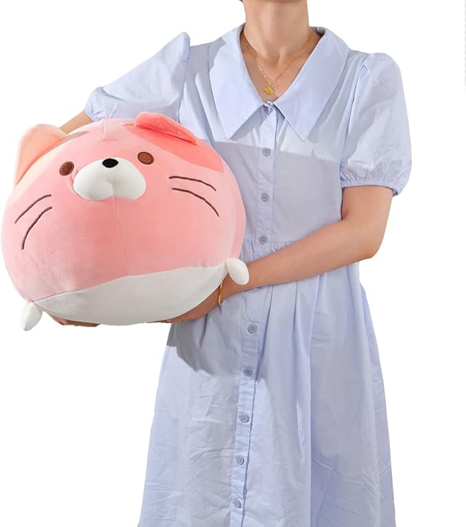 AIXINI 13.7 inch Cute Cat Plush Pillow Stuffed Squishy Animal Cylindrical Body Pillow, Super Soft Fat Cat Chubby Kitten Kawaii Pillow-Pink