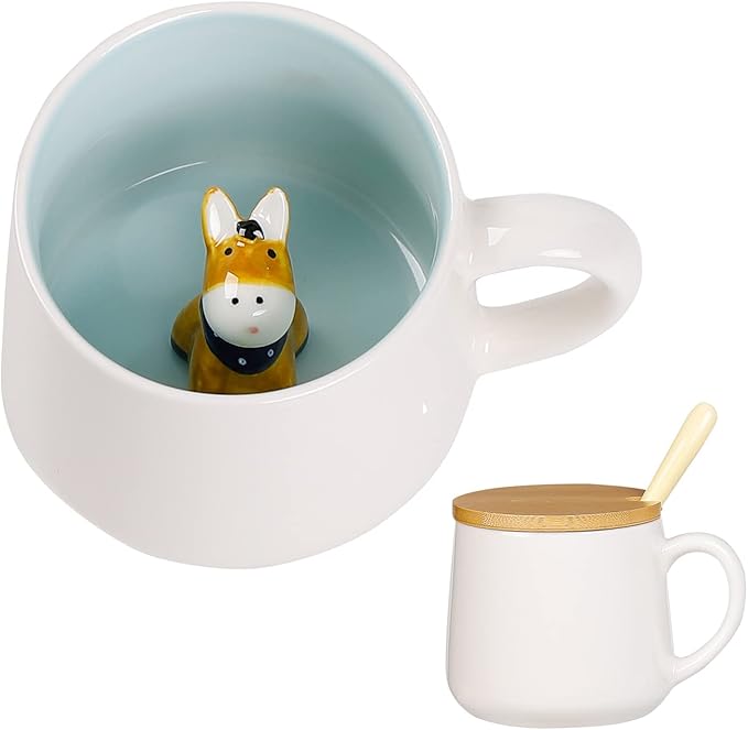 BigNoseDeer Cute Ceramic Donkey Coffee Mug Funny Mug with 3D Animal Inside Kawaii Tea Cup with Spoon and Lid Cool Stuff Christmas Gifts Birthday Mother's Day Cute Gifts for Women Kids 12oz（Donkey）