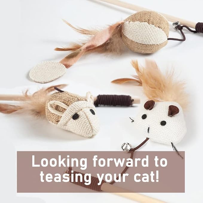 Cat Teaser 3 PCS Interactive Cat Toys Set Mouse Hamster Balloon 16 inch (40 cm) Sturdy Natural Wood Rod Organic Hemp Cord Feather Elastic Rope Small Bell Catnip Lollipop