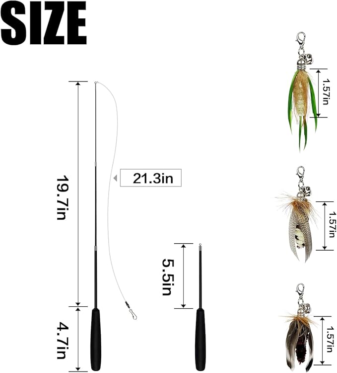 Cat Feather Wand Toys,Retractable Wand Toy with 3 Mini Insect Refills, Transparent Carbon Wire,Interactive Cat Toy Kitten Toy for Indoor Cats to Play Chase Exercis