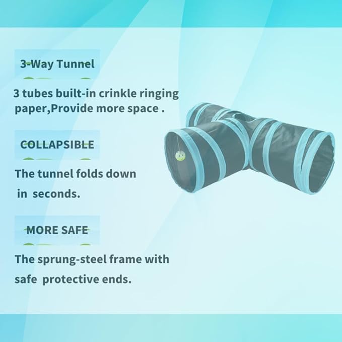 LEESENEVO Cat Tunnel,3 Way Tubes Built-in Crinkle Ringing Paper,Collapsible pet Tunnels for Indoor/Outdoor- Toy for Cats,Rabbits-Jewel Blue