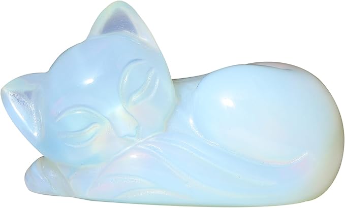 2" Sleeping Cat Statue Opalite Healing Crystals Hand Carved Cute Kitten Figurine, Worry Stone for Anxiety Relif Home Desk Decor Animal Figurine (Opalite)
