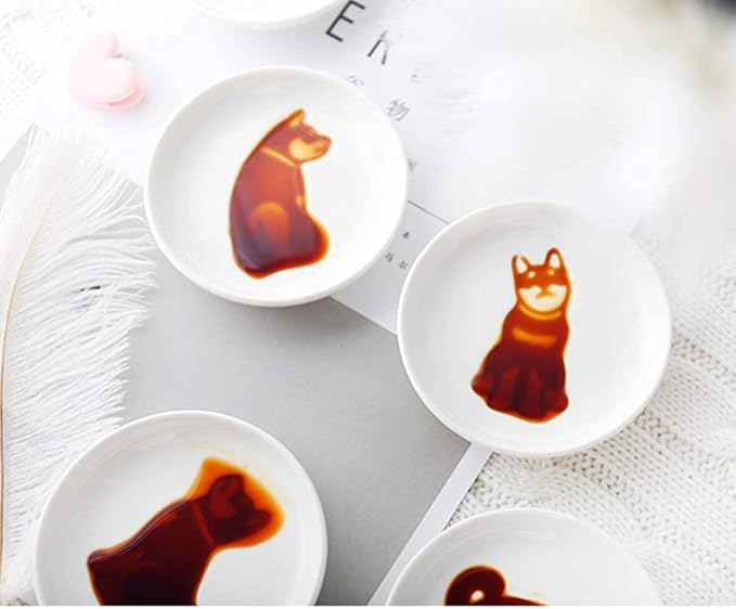 4pcs Ceramics Shiba Dog Relief Seasoning Dishes Sushi Dipping Bowl Appetizer Plate - 3.5 inches