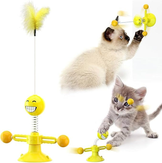 Laxier Cat Toys Interactive Spin with Rotating Springs Ball for Indoor Kittens Self Play Kitty Teaser Wand (Yellow)