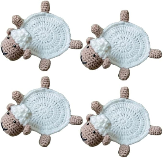 4 Pcs Crochet Sheep Coasters for Drinks, Funny Handmade Woven Coaster Set, Cute Sheep Shaped Mug Cup Mat Table Desk Decoration Housewarming Gift