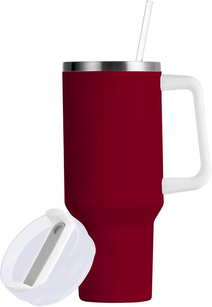 Boccsty Burgundy Solid Color Insulated Tumblers Reusable Stainless Steel Tumbler 40 oz Cup Coffee Travel Mug Water Bottle with Handle & Flip Straw for Home Office Car