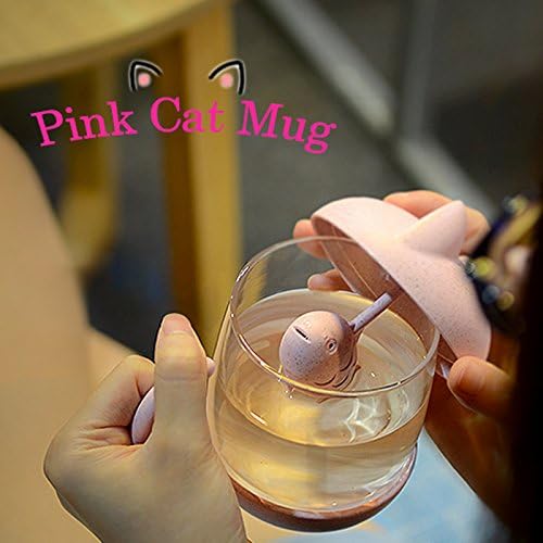 BigNoseDeer Cat Tea Cup Cute Mug Glass Pot with Fish Infuser for Loose Leaf Tea (Pink 8oz)