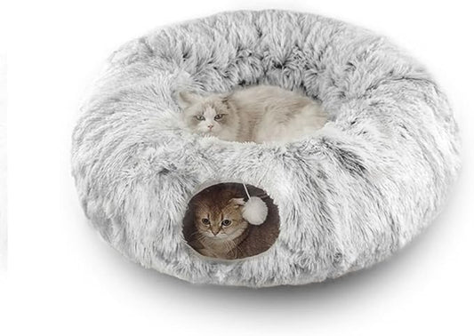 Cat Tunnel Bed for Indoor Cats, with Detachable Soft Mat, Fluffy Plush Central Cat Couch, Hanging Toy, Multifunctional Plush Cattasaurus Peekaboo Cave for Small, Medium, Large Cats, Rabbit