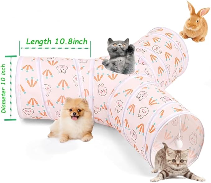 Cat Tunnel Tube Toys, Rabbit Pattern Tunnels for Indoor Cats, 3 Way Collapsible Interactive Toy Maze House with Peek Hole Dangling Ball for Rabbit, Kitten, Kitty, Puppy