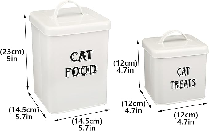 Pethiy Cat Food and Treats Containers Set with Scoop for Cats-Vintage Cream Powder-Coated Carbon Steel-Tight Fitting Lids-Storage Canister Tins-catfood-white