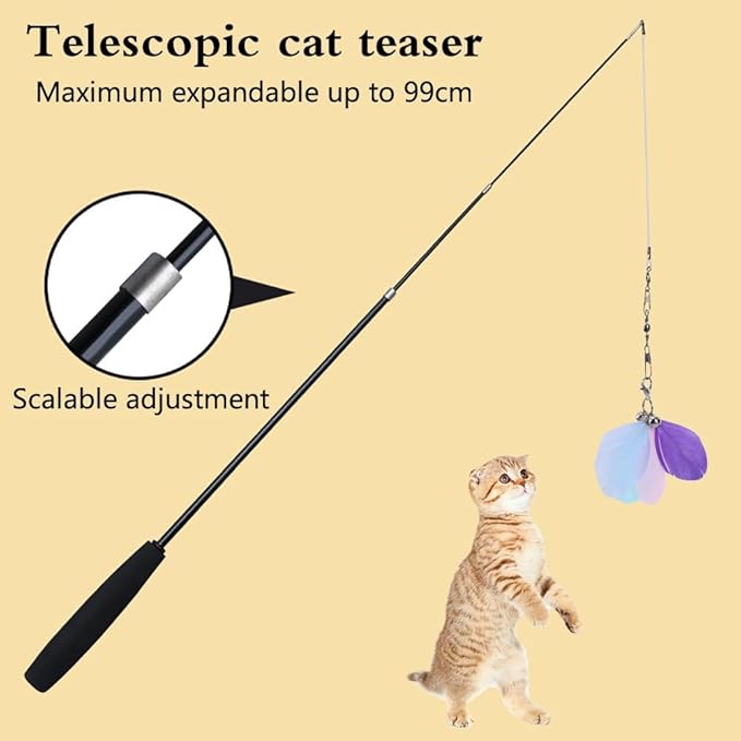 DONGKER Cat Wand Toy Set,3 Stage Retractable Kitten Feather Toys with Bells & 6 Replacement Heads for Teasing Cat Playing(Can't be used for catfishing)