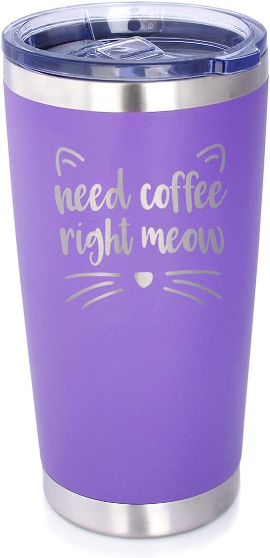 Bevvee Need Coffee Right Meow - Insulated Tumbler Cup with Sliding Lid - Stainless Steel Mug - Cat Themed Coffee Gift - Purple