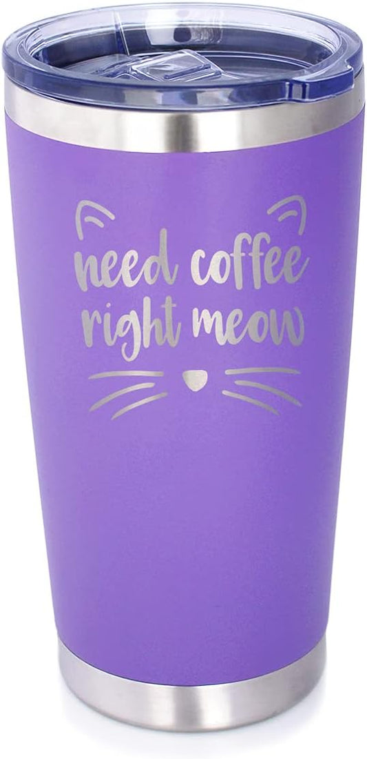 Bevvee Need Coffee Right Meow - Insulated Tumbler Cup with Sliding Lid - Stainless Steel Mug - Cat Themed Coffee Gift - Purple