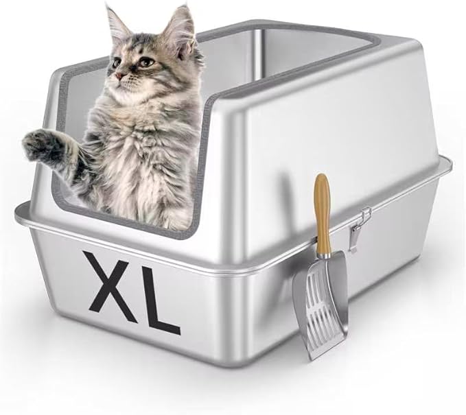 All Stainless Steel Cat Litter Box with Lid,Jumbo XL Metal Litter Box with 13.8''High Sides Cover,Extra Large Enclosed Litter Boxes for Big&Multiple Cat,Anti Urine Leakage,Odor Free,with Metal Scoop