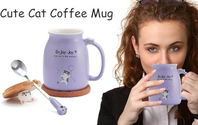Bgbg Cute Cat Mug - Novelty Ceramic Coffee Cup With Kawaii Wooden Kitty Lid, Lovely Claw Spoon, Anime Coaster - Christmas Birthday Gifts for Women, Cat Lovers, Girls, Kids - 480ML
