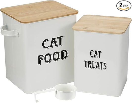 Cat Food and Treats Containers Set with Scoop for Cats or Dogs -Tight Fitting Wood Lids - Coated Carbon Steel - Storage Canister Tins-Cat-White