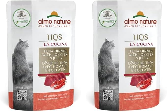 almo nature HQS La Cucina Tuna with Lobster in Jelly, Grain Free, Additive Free, Adult Cat Wet Food, Shredded, Pouches, 24 x 55g/1,94 oz (Pack of 2)