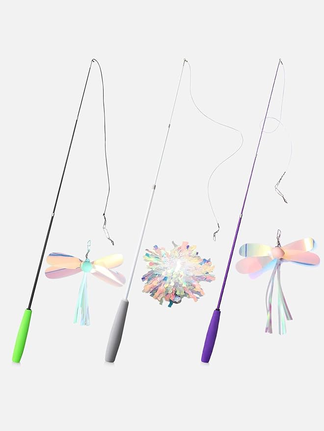 QWINEE 3Pc Dragonfly Cat Teaser Wand Toys Interactive Cat Toy for Indoor Cats Kitty Kitten Multicolor one-Size