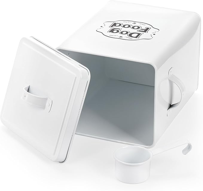 Youeon 5 Lbs- 25 Cup Metal Dog Food Storage Container with Lid and Scoop, Airtight Dog Treat Container, Farmhouse Pet Food Storage Container, Cute Dog Food Canister, Gift for Dogs and Owners, White