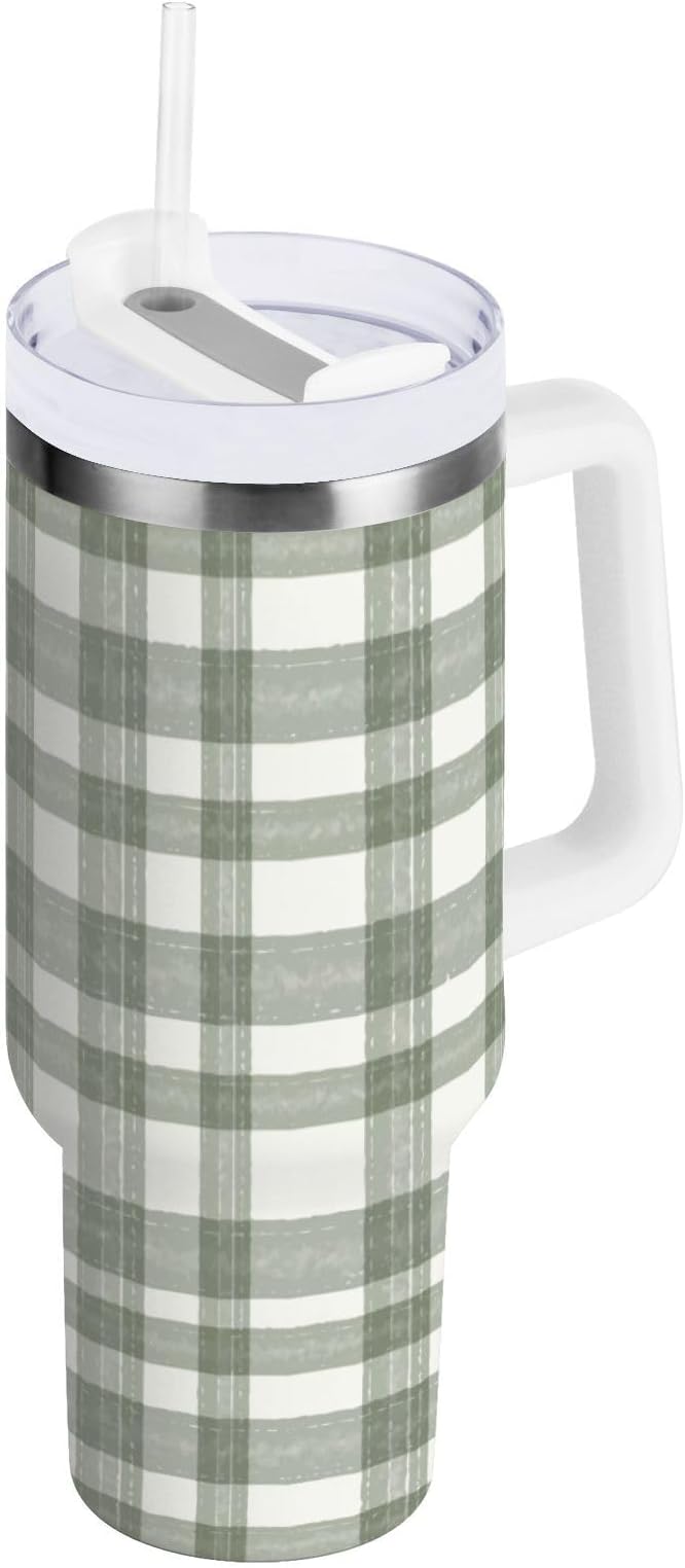 Boccsty Watercolor Sage Green Plaid Insulated Tumblers Reusable Stainless Steel Tumbler 30 oz Cup Coffee Travel Mug Water Bottle with Handle & Flip Straw for Home Office Car