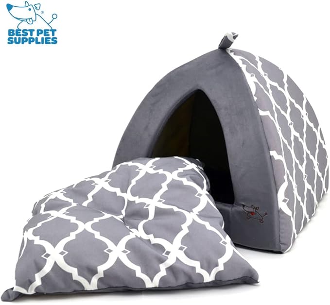 Pet Tent - Soft Bed for Dog and Cat by Best Pet Supplies - Gray Lattice, 16" x 16" x H:14"