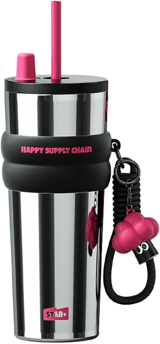 24 OZ Insulated Tumbler witn Lid and Straw Stainless Steel, Insulated Reusable Leak Proof Water Bottle with Strap, Travel Portable Iced Coffee Mug for Hot and Cold, Thermal Cup for Women, Sliver