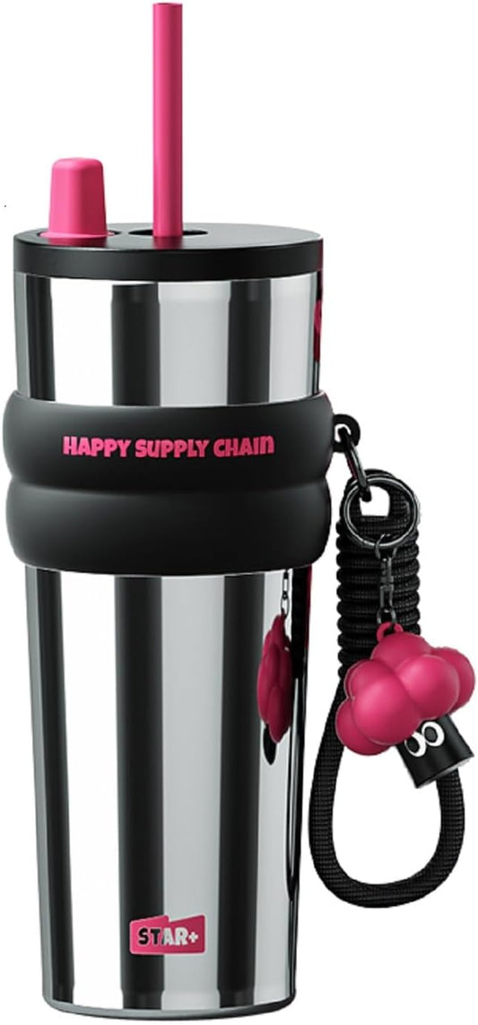 24 OZ Insulated Tumbler witn Lid and Straw Stainless Steel, Insulated Reusable Leak Proof Water Bottle with Strap, Travel Portable Iced Coffee Mug for Hot and Cold, Thermal Cup for Women, Sliver