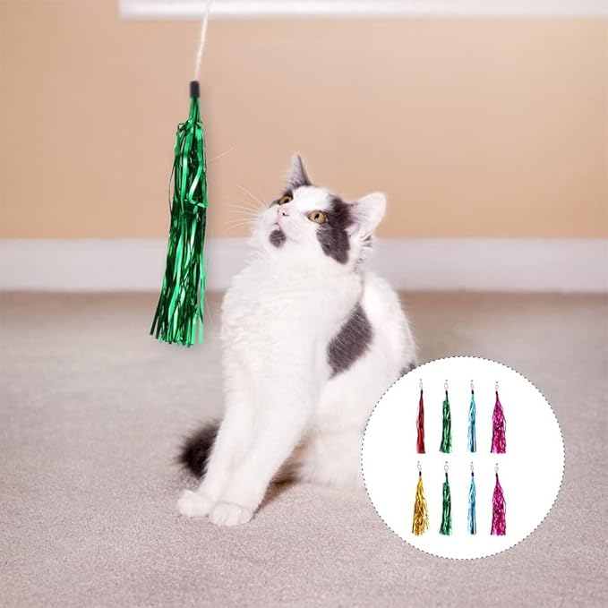 LUOZZY 8 Pcs Cat Teaser Wand Replacement with Bell Metallic Foil Tassel Cat Wand Toys Interactive Catcher Teaser for Pet, Random Color