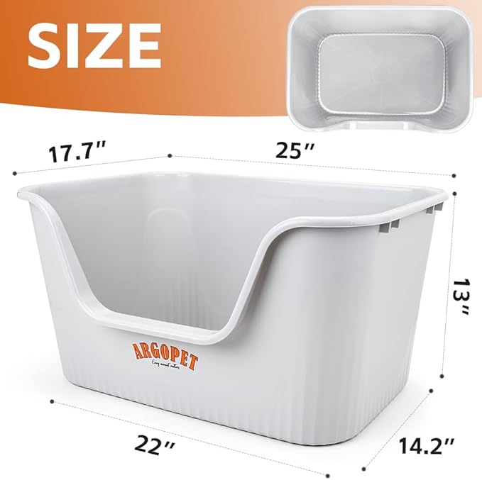 ARGOPET High Sides Cat Litter Box 25" L x 16" W x 13" H Extra Large Litter Box Jumbo for Multi Cat Households,Pet Safe Non-Stick Coating for Easier Cleaning & Superior Hygiene.(Grey