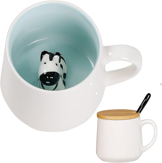 BigNoseDeer Zebra Mug Cute Mugs with 3D Zebra Inside Ceramic Coffee Mug Tea Cup with Spoon and Lid Cool Stuff Birthday Mother's Day Cute Gifts for Women Kids 12oz（Zebra）