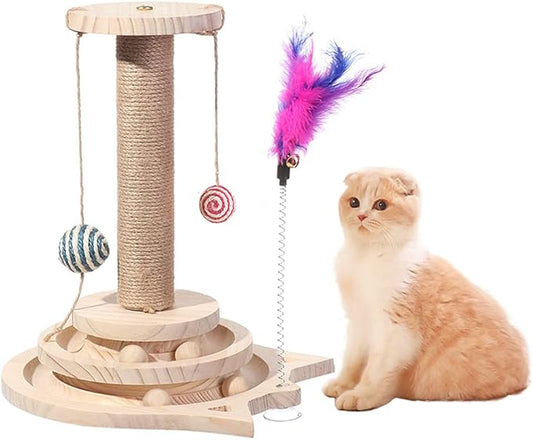Marchul Cat Scratching Post with Hanging Ball, Kitten Sisal Scratcher Toy with 2 Layer Tracks Spinning Balls, Cat Tracking Interactive Toys for Indoor Cats and Kittens