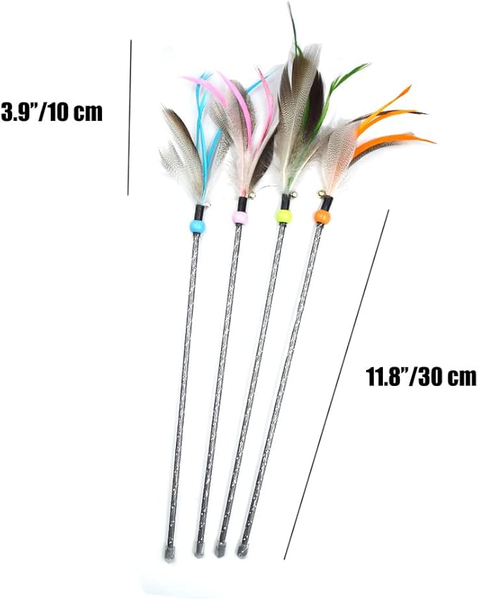 Cat Wand Toys 4 PCS Interactive Cat Feather Wands Cat Teaser Wand with Color Vary Feather and Bell