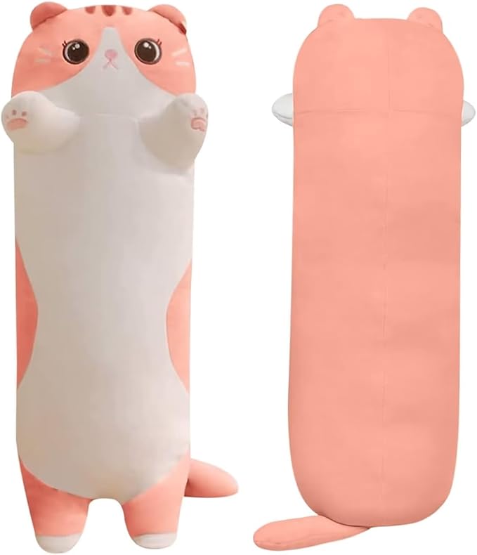 Cat Stuffed Animal Kids Body Pillow for Girls, Soft Cute Plushies Long Cat Hugging Body Pillows with Removable Zipper Cover, Pink Cat Plush Pillow for Cuddling Sofa Bed Décor