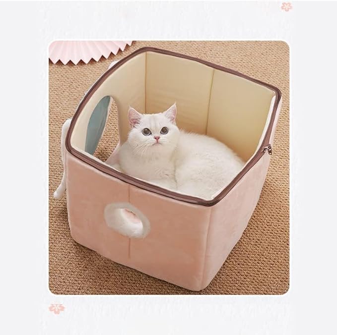 Cute Cat House,Pink Cat House with Rolled Door Curtain,Closed Cat Cave/Dog House, Washable Cat Bed,Cozy Dog Tent (Pink House)