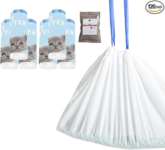 120 Count Cat Litter box Liners, Compatible with Automatic Thick Drawstring Heavy Duty Replacement Waste Trash Bags - 21.6" x 11.8"