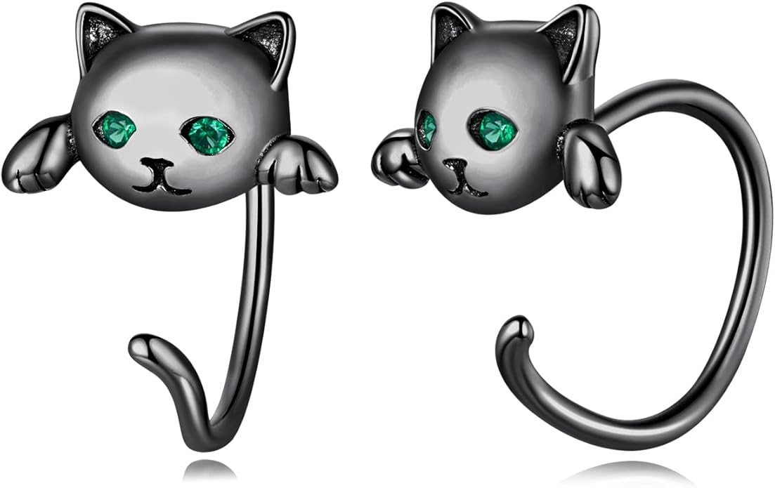 BISAER 925 Sterling Silver Half Huggie Hoop Earrings Cute Cat Dog Panda Animal Earrings for Women Jewelry Gifts