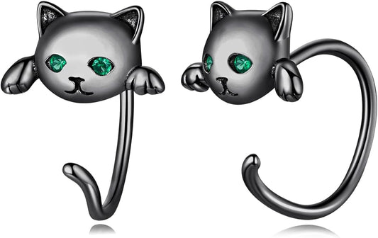 BISAER 925 Sterling Silver Half Huggie Hoop Earrings Cute Cat Dog Panda Animal Earrings for Women Jewelry Gifts