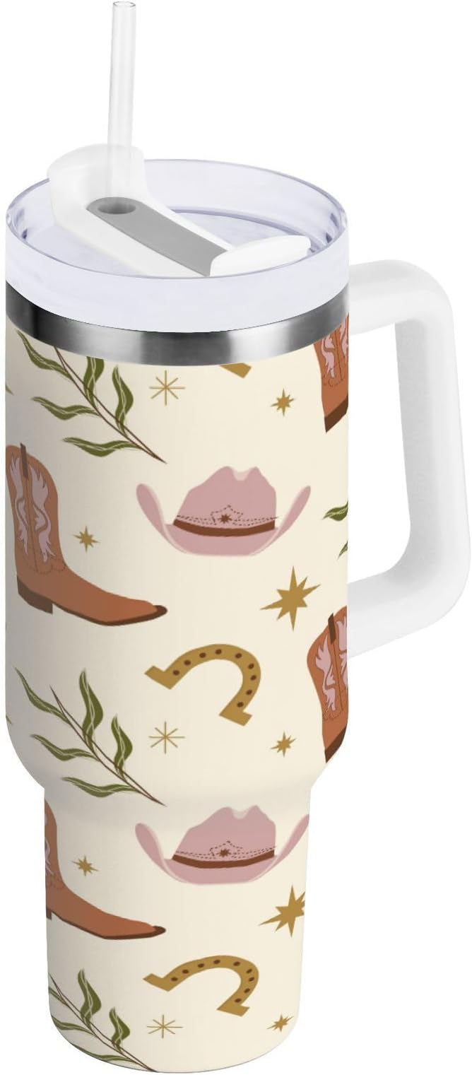 Boccsty Western Boho Print America Tribal Insulated Tumblers Reusable Stainless Steel Tumbler 40 oz Cup Coffee Travel Mug Water Bottle with Handle & Flip Straw for Home Office Car