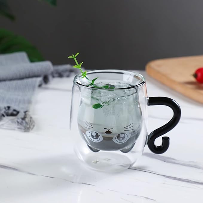 Black Cat Mug Cute Mug with Handle Double Walled Coffee Mugs Kawaii Cat Presents for Women Glass Mugs Tea Cup Cute Birthday Gifts for Cat Lovers Ideas Halloween Christmas