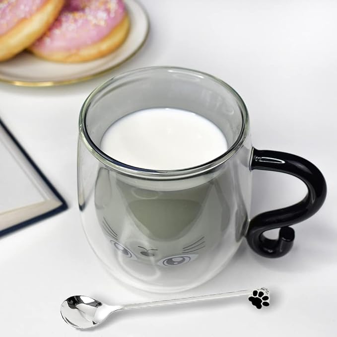 Black Cat Mug Cute Mug with Handle Double Walled Coffee Mugs Kawaii Cat Presents for Women Glass Mugs Tea Cup Cute Birthday Gifts for Cat Lovers Ideas Halloween Christmas