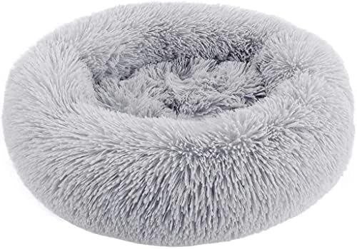 Cat Beds for Indoor Cats - Cat Bed Washable 24 inches, Dog Beds for Small Medium Dogs, Anti Anxiety Round Fluffy Plush Faux Fur Cat Bed, Thick Bottom (Light Grey, Large)