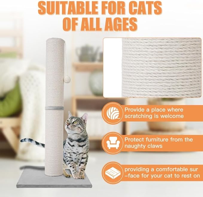 MumMarmot's Cat Scratching Post with Premium Sisal Rope 4.5 Inch Large Diameter Scratcher Post for Indoor Cats Beige（34 inch）