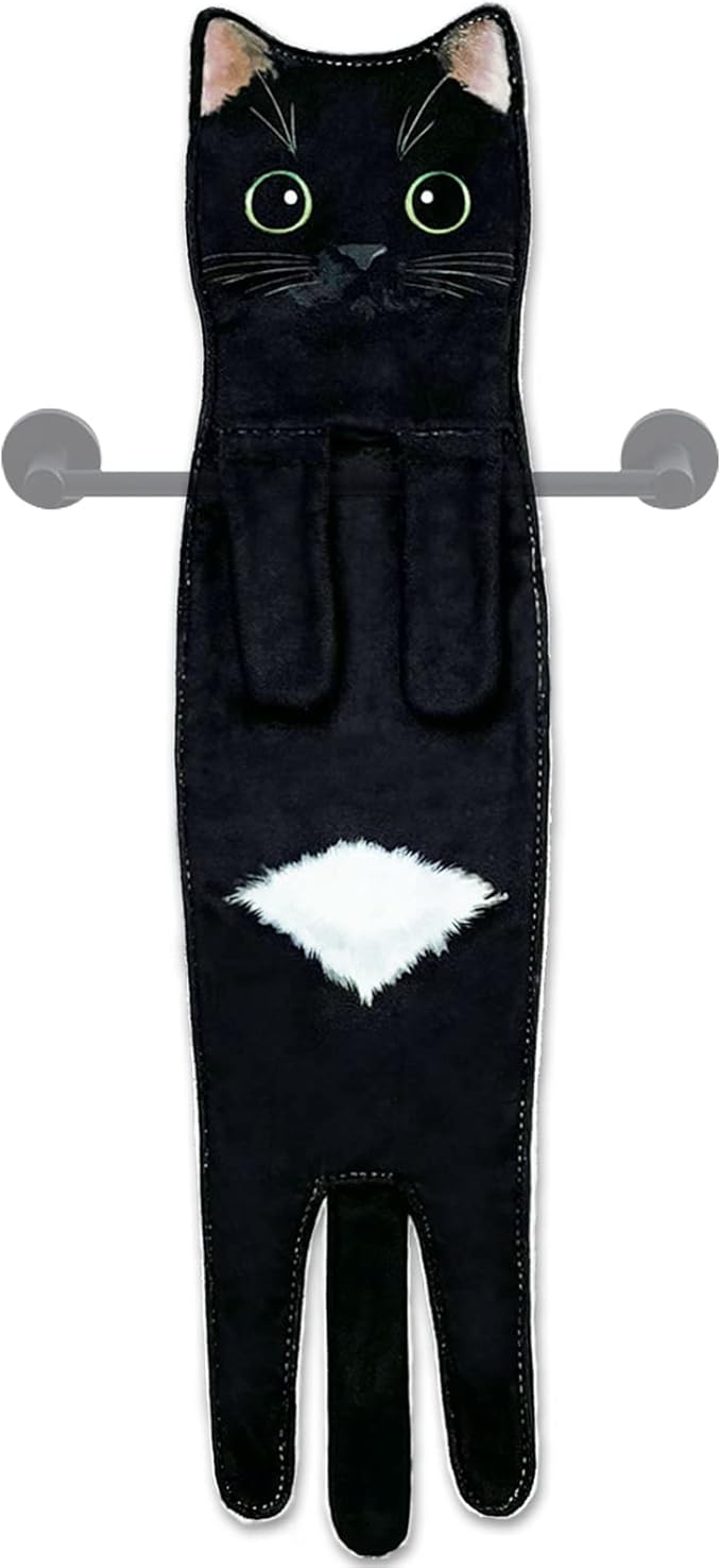 Hand Towels for Bathroom Kitchen,Cute Cat Quick-Dry Hanging Hand Towels Decorative for Bathroom Face Towels,Funny Gifts for Cat Lovers (Black)