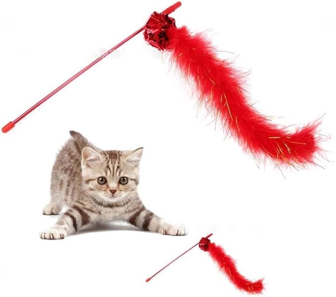 Red Cat Teasing Stick Toy Interactive Stick, Sparkly Feather Boa with Crinkle Ball Tease Cat Rod Funny Cute Pet Supplies for Cat Training Indoor Cats Cat Toys Interactive for Indoor Cats