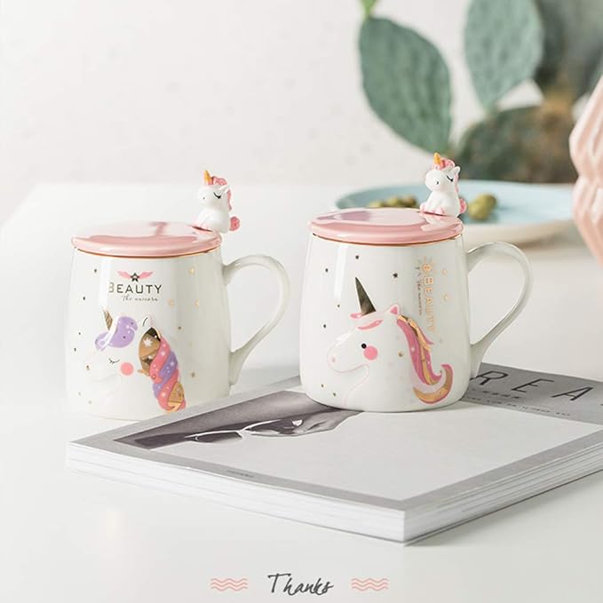 BigNoseDeer Unicorn Mug Cute Ceramic Coffee Mug with Lovely Unicorn Spoon, Morning Cup Novelty Coffee Tea Milk Christmas Mug Gift for Girls Magic Unicorn Lovers 380ML (Pink Unicorn)